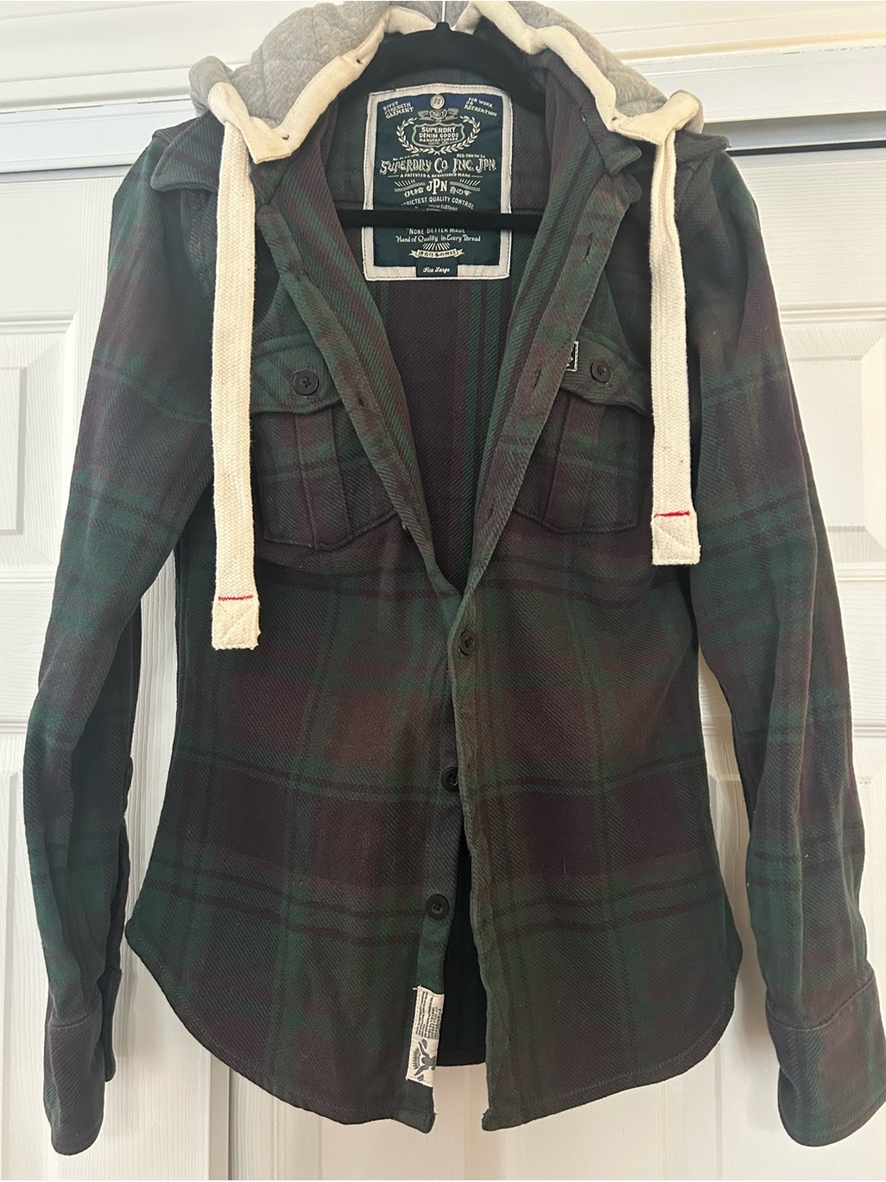 Superdry Black Watch Green and Black Plaid Hooded Shirt Jacket with Cream Trim
